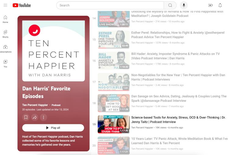 YouTube Dan Harris Ten Percent Happier Favorites - Dr Jenny Taitz